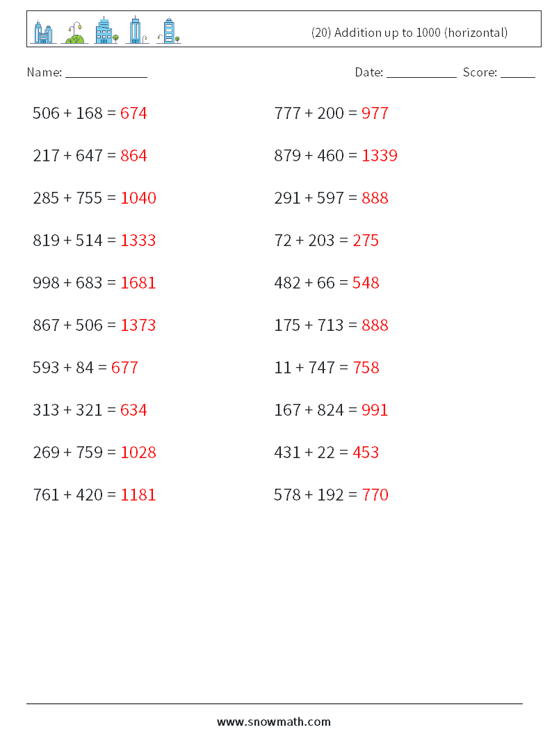 (20) Addition up to 1000 (horizontal) Math Worksheets 1 Question, Answer