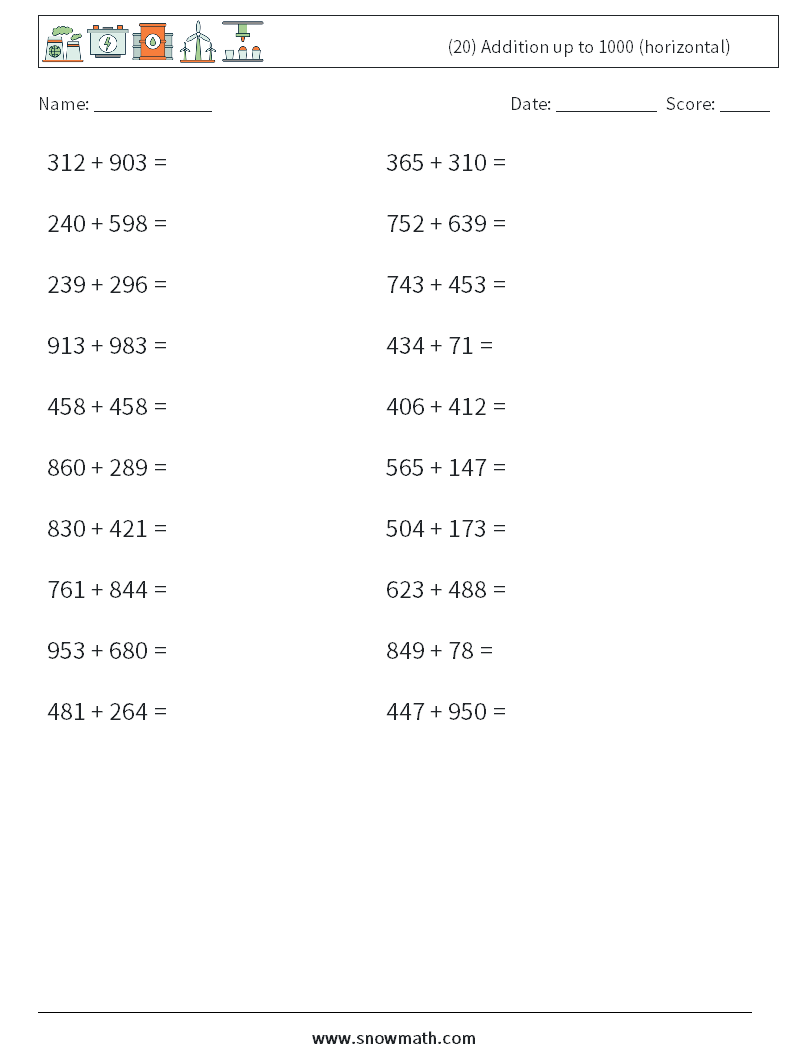 (20) Addition up to 1000 (horizontal) Math Worksheets 3