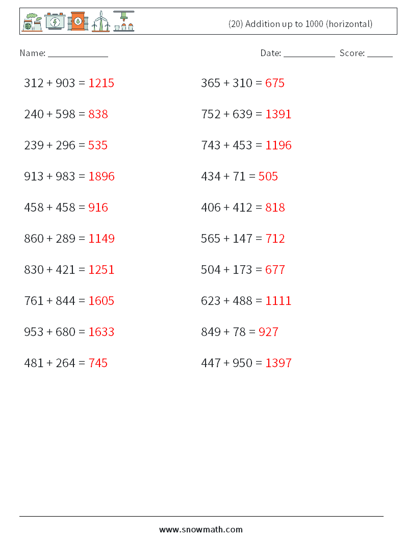 (20) Addition up to 1000 (horizontal) Math Worksheets 3 Question, Answer