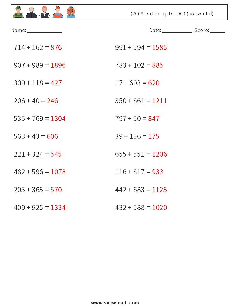 (20) Addition up to 1000 (horizontal) Math Worksheets 4 Question, Answer