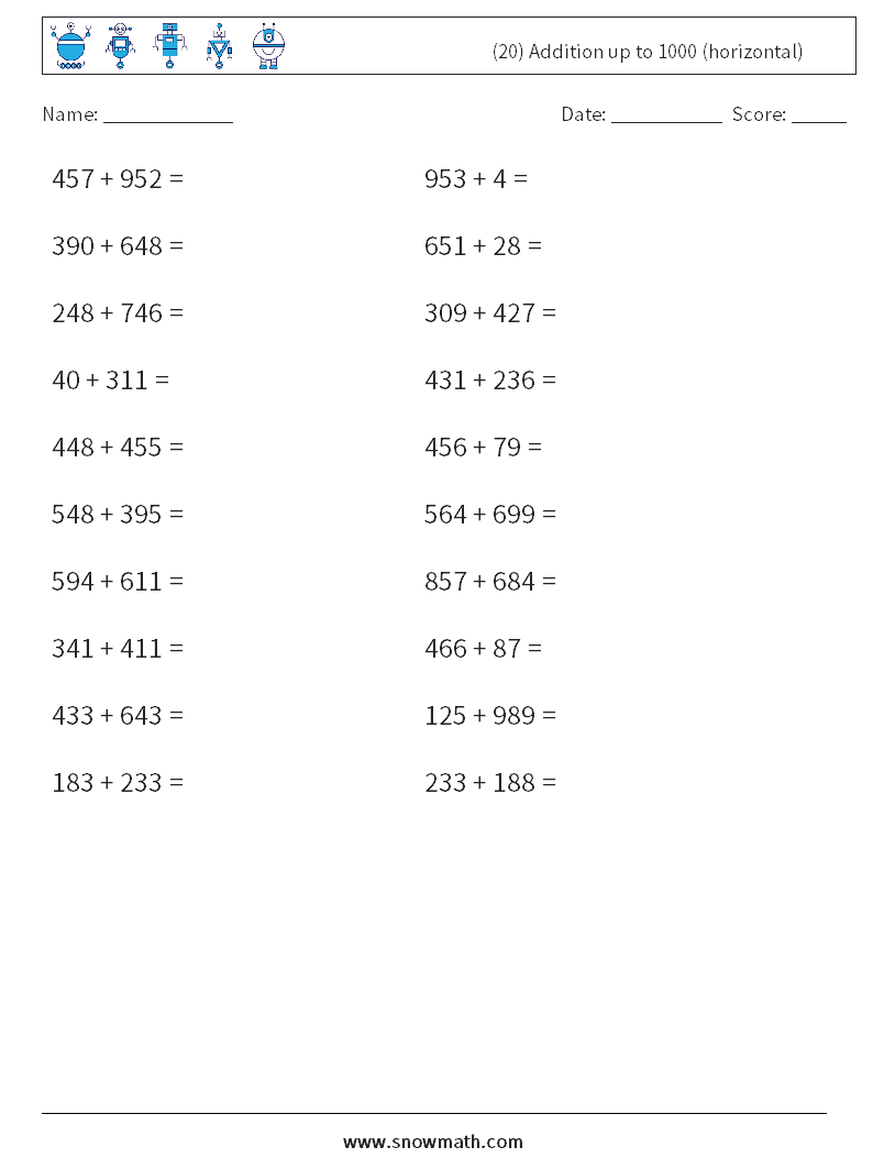 (20) Addition up to 1000 (horizontal) Maths Worksheets 5