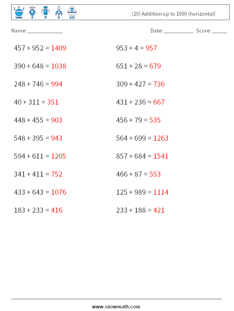 (20) Addition up to 1000 (horizontal) Math Worksheets 5 Question, Answer