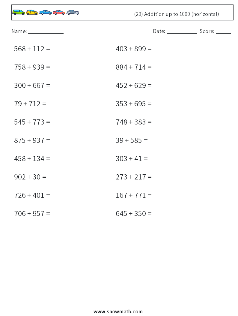 (20) Addition up to 1000 (horizontal) Math Worksheets 6