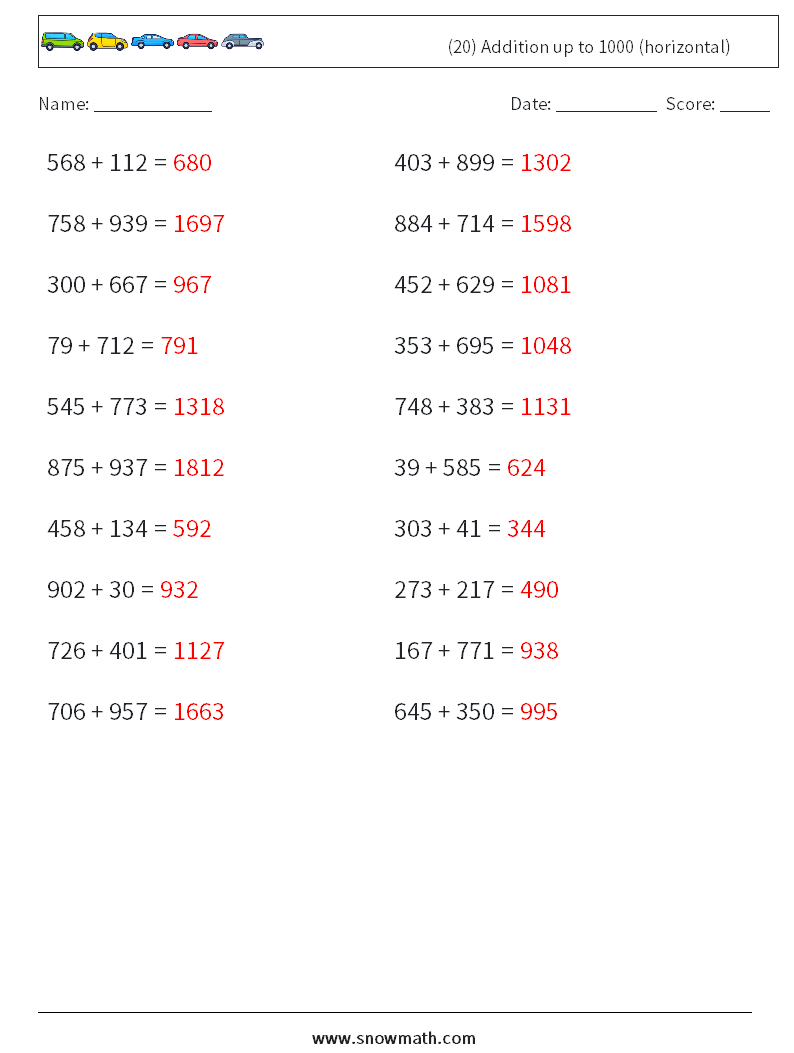 (20) Addition up to 1000 (horizontal) Math Worksheets 6 Question, Answer