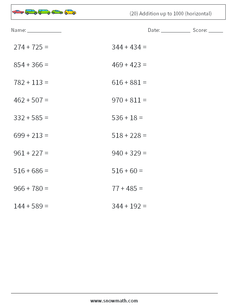 (20) Addition up to 1000 (horizontal) Maths Worksheets 7