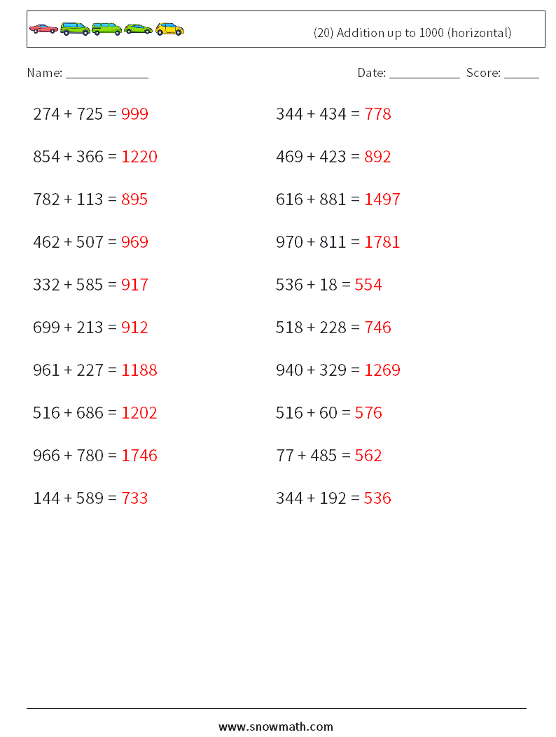 (20) Addition up to 1000 (horizontal) Math Worksheets 7 Question, Answer