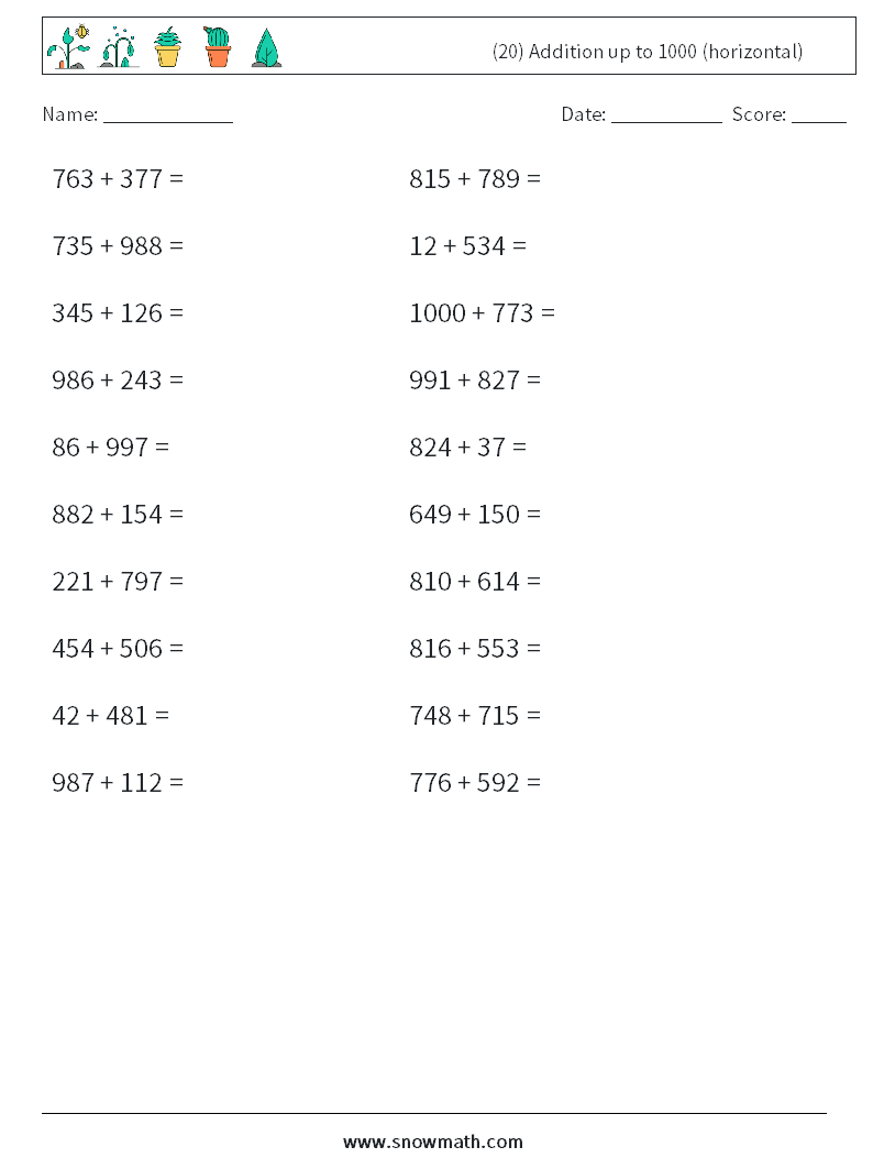 (20) Addition up to 1000 (horizontal) Math Worksheets 8