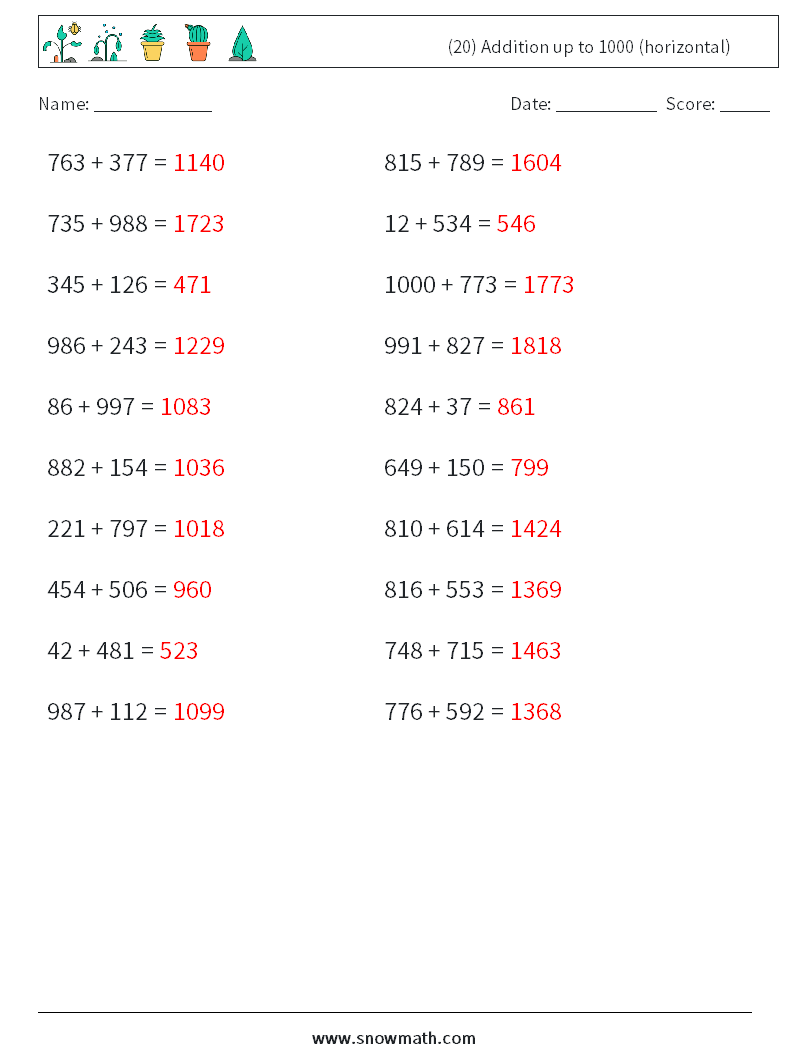 (20) Addition up to 1000 (horizontal) Math Worksheets 8 Question, Answer