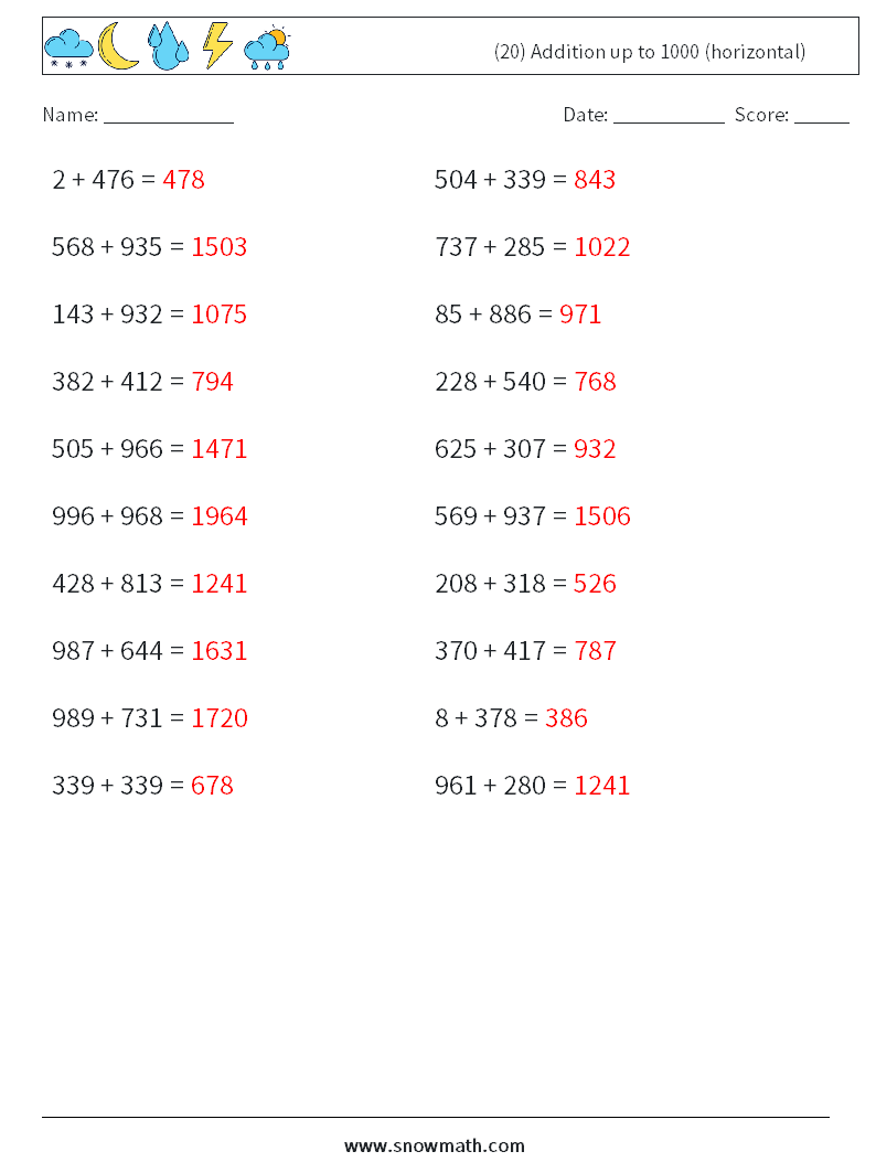 (20) Addition up to 1000 (horizontal) Math Worksheets 9 Question, Answer