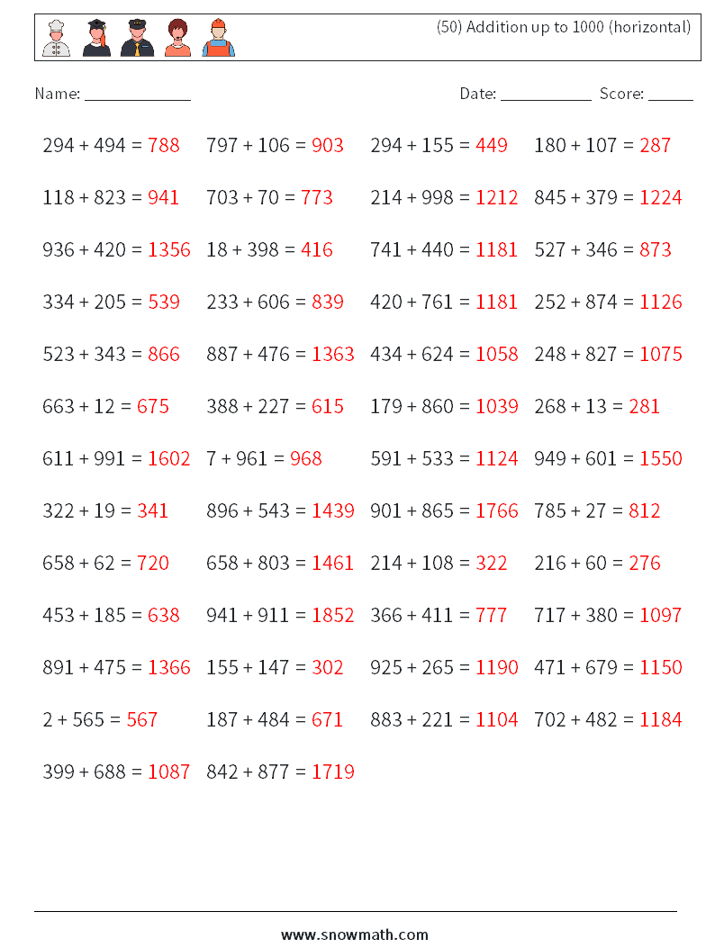 (50) Addition up to 1000 (horizontal) Math Worksheets 1 Question, Answer