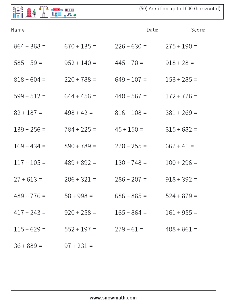 (50) Addition up to 1000 (horizontal) Math Worksheets 2