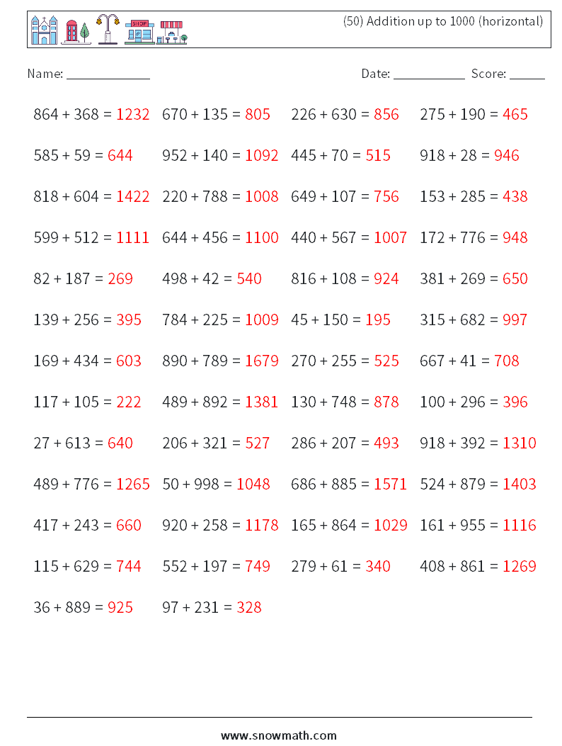 (50) Addition up to 1000 (horizontal) Math Worksheets 2 Question, Answer