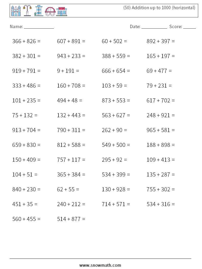 (50) Addition up to 1000 (horizontal) Math Worksheets 3