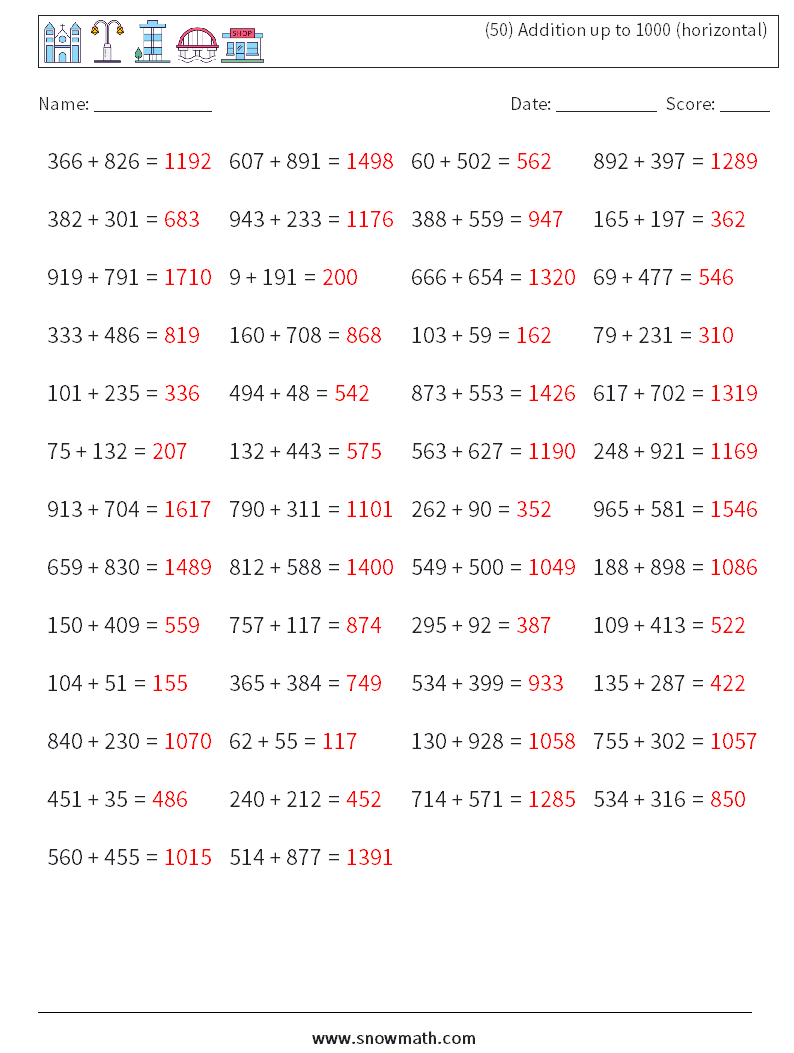 (50) Addition up to 1000 (horizontal) Math Worksheets 3 Question, Answer