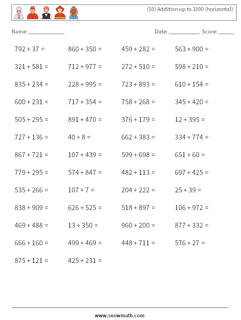 (50) Addition up to 1000 (horizontal) Math Worksheets 4