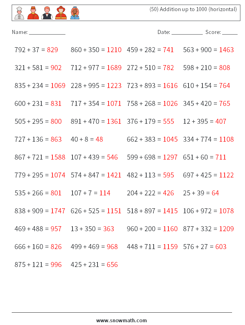 (50) Addition up to 1000 (horizontal) Math Worksheets 4 Question, Answer