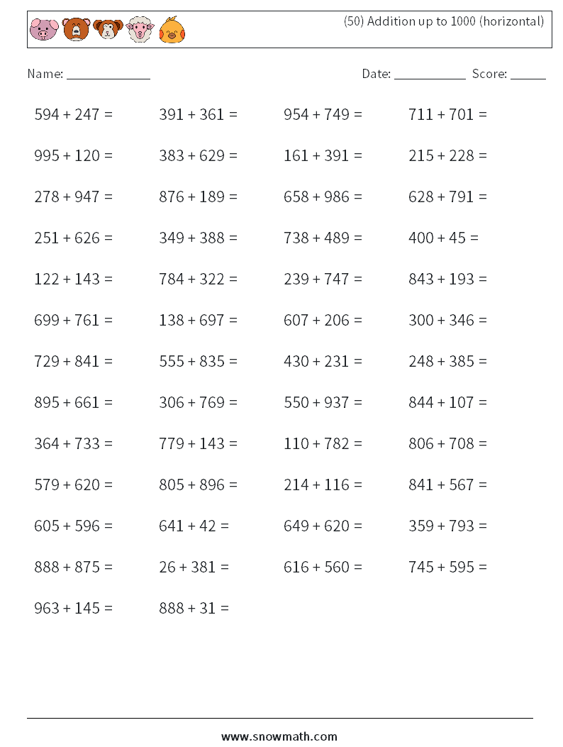 (50) Addition up to 1000 (horizontal) Maths Worksheets 5