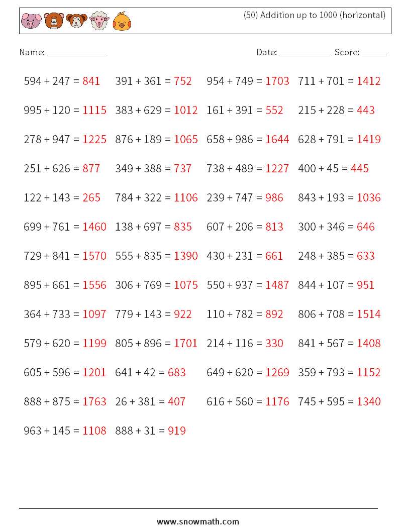 (50) Addition up to 1000 (horizontal) Math Worksheets 5 Question, Answer