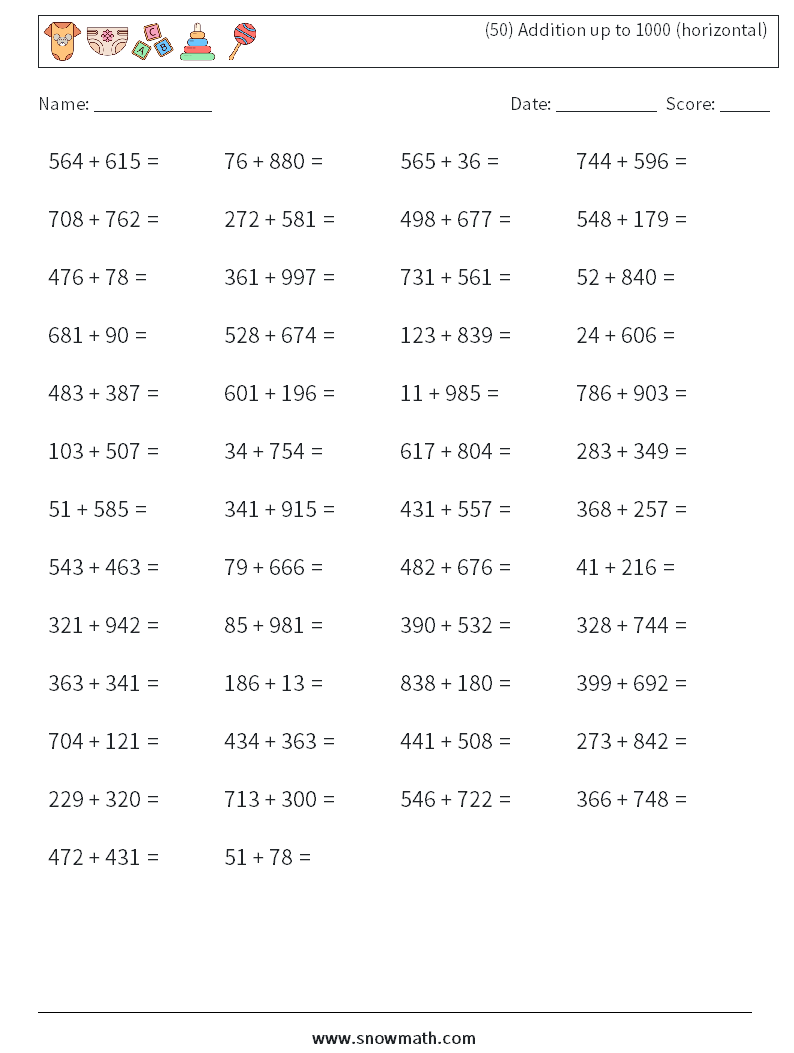 (50) Addition up to 1000 (horizontal) Math Worksheets 6