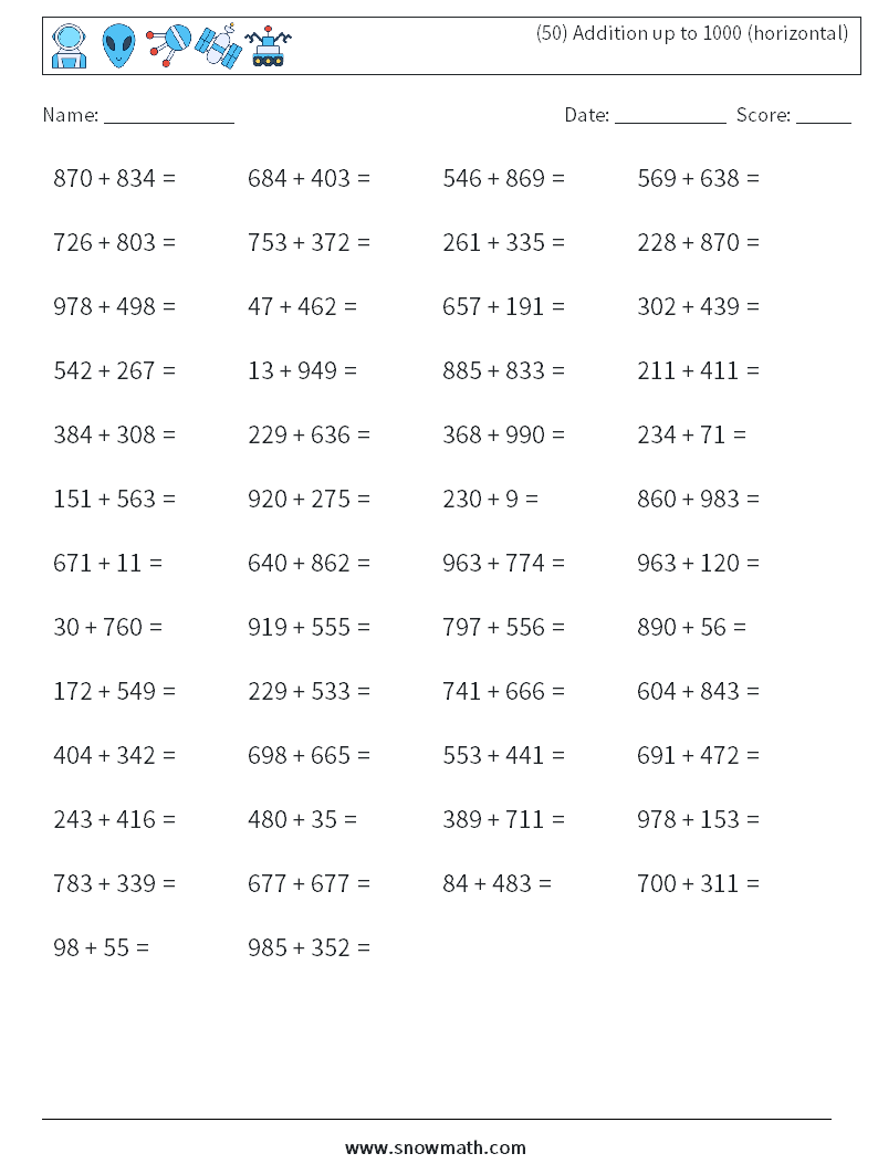 (50) Addition up to 1000 (horizontal) Math Worksheets 7