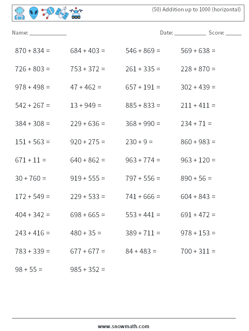 (50) Addition up to 1000 (horizontal) Maths Worksheets 7