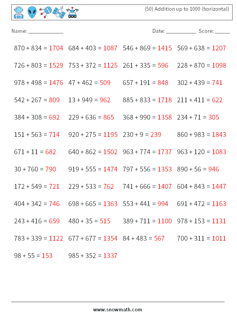 (50) Addition up to 1000 (horizontal) Math Worksheets 7 Question, Answer