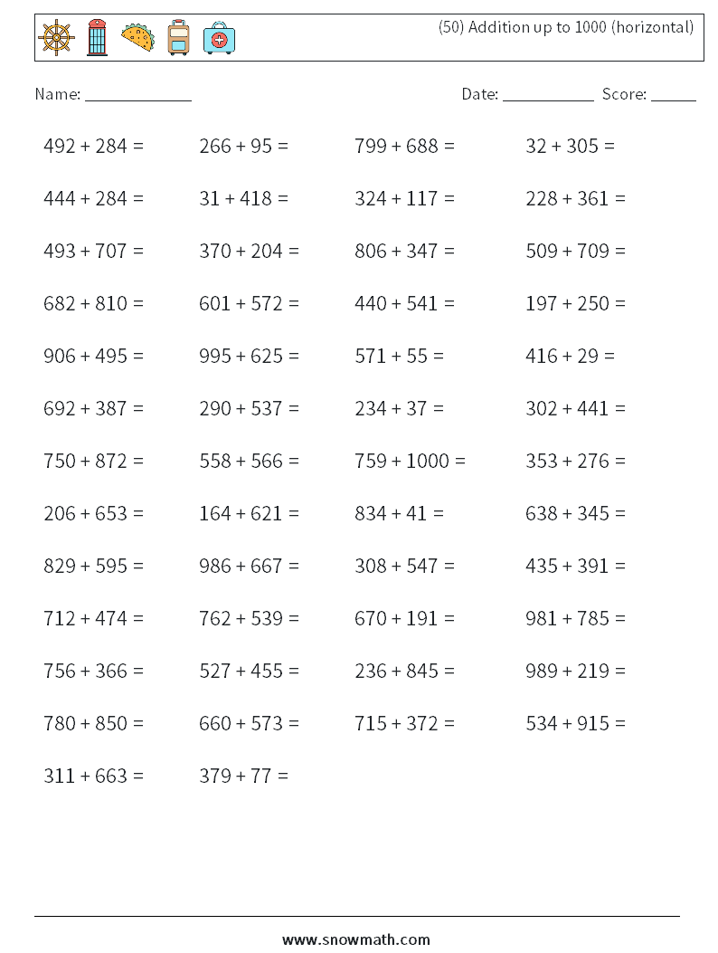 (50) Addition up to 1000 (horizontal) Maths Worksheets 8