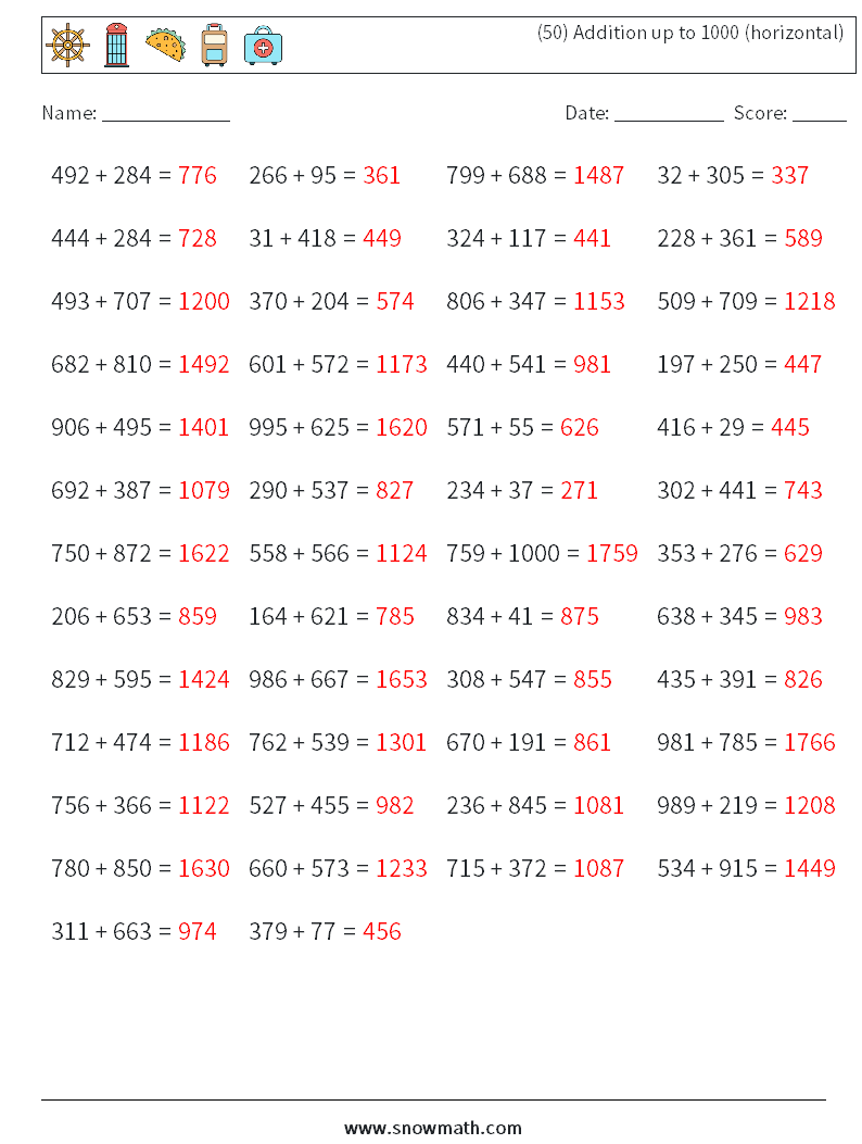 (50) Addition up to 1000 (horizontal) Math Worksheets 8 Question, Answer