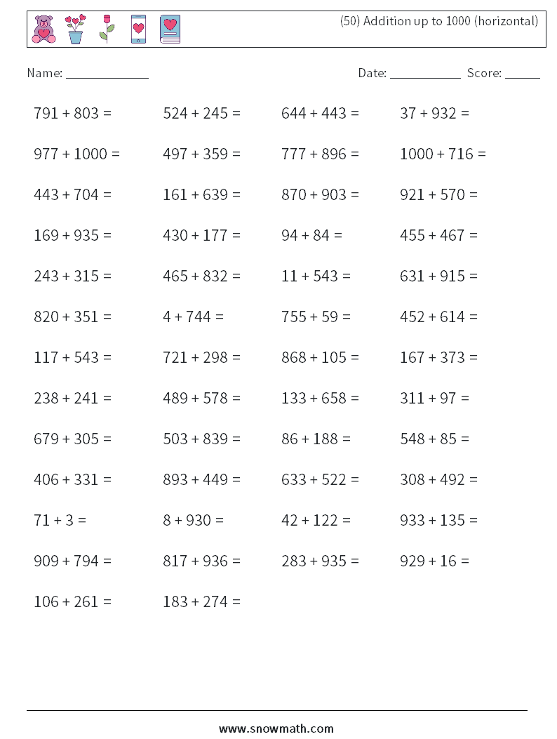 (50) Addition up to 1000 (horizontal) Maths Worksheets 9