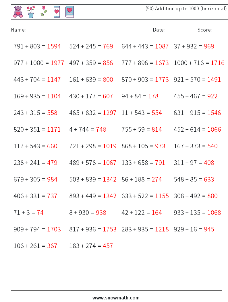 (50) Addition up to 1000 (horizontal) Math Worksheets 9 Question, Answer