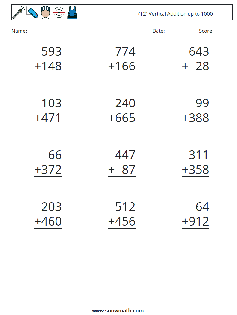 (12) Vertical Addition up to 1000 Math Worksheets 1