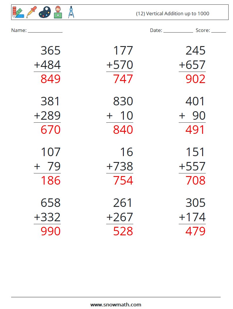 (12) Vertical Addition up to 1000 Math Worksheets 10 Question, Answer