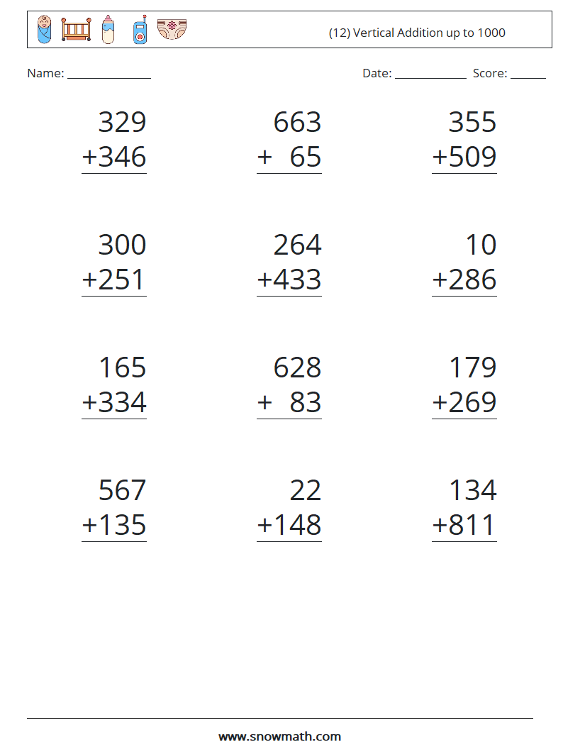 (12) Vertical Addition up to 1000 Math Worksheets 11