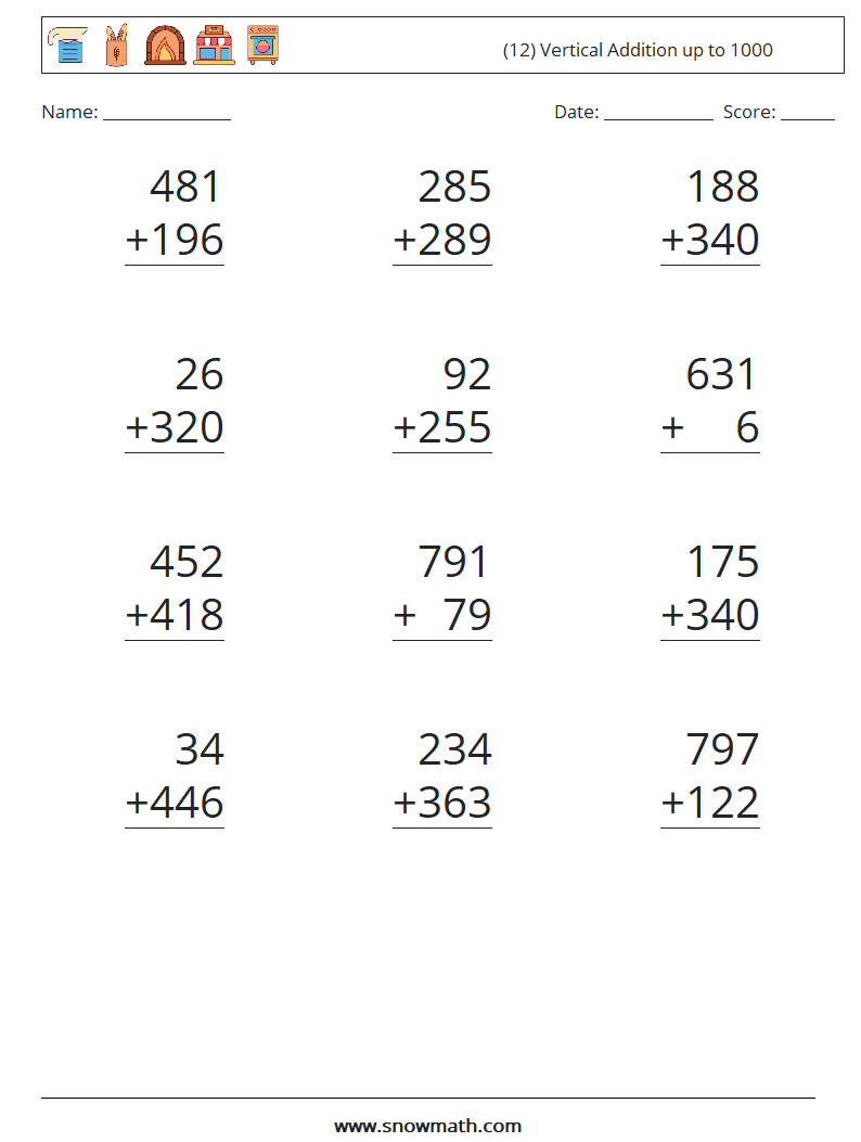 (12) Vertical Addition up to 1000 Math Worksheets 13