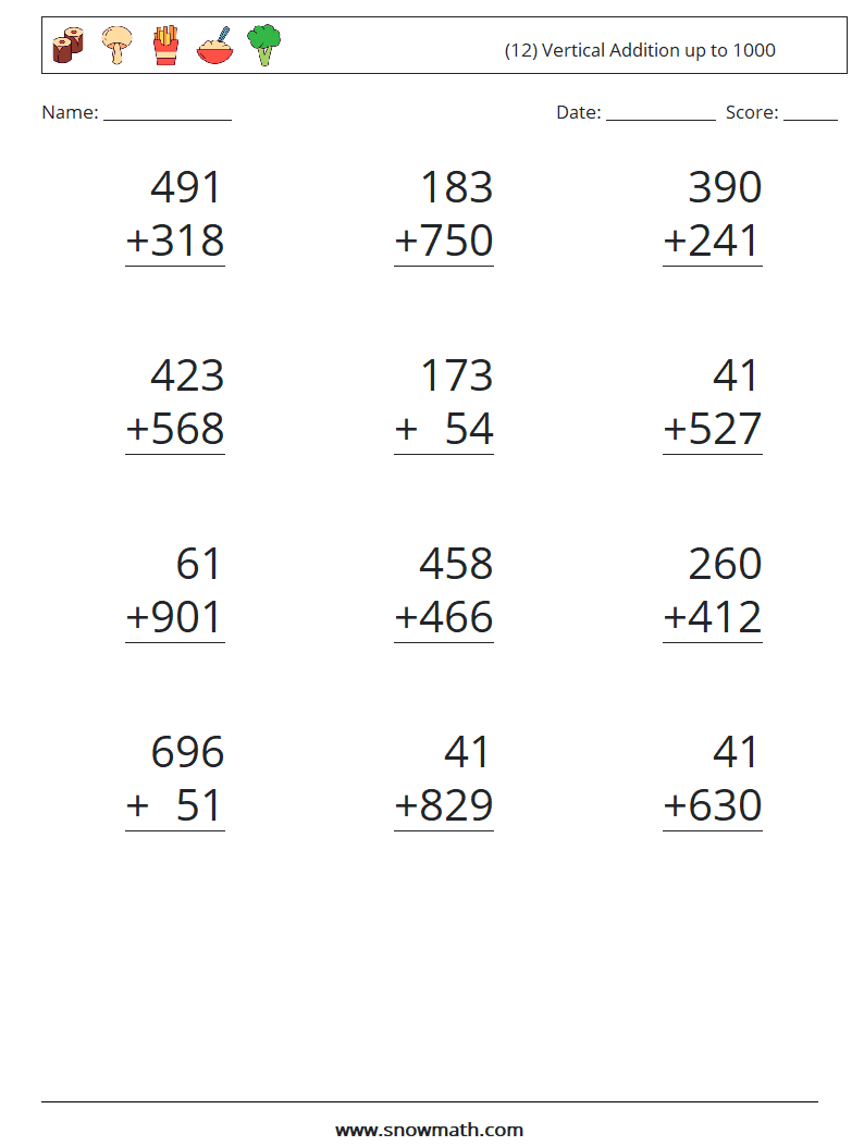 (12) Vertical Addition up to 1000 Math Worksheets 14