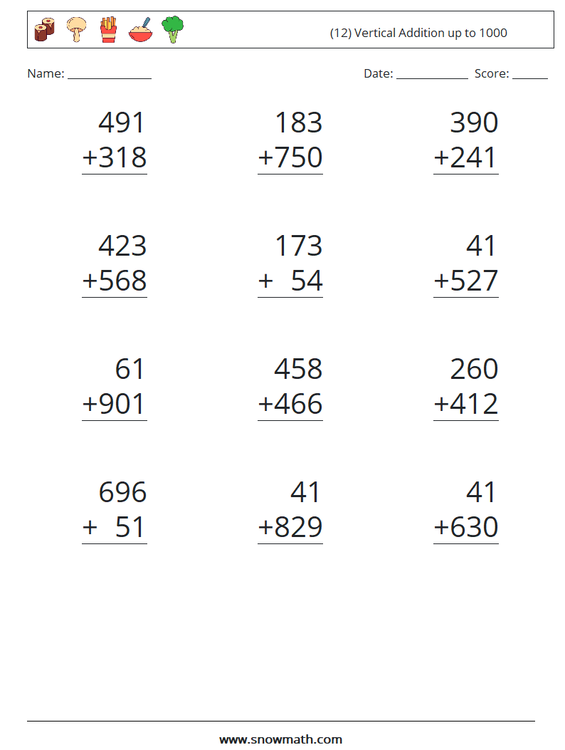 (12) Vertical Addition up to 1000 Maths Worksheets 14