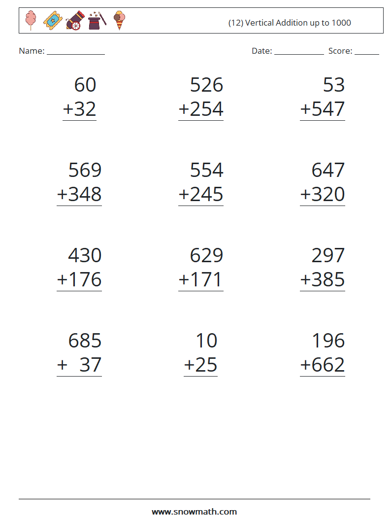 (12) Vertical Addition up to 1000 Math Worksheets 15