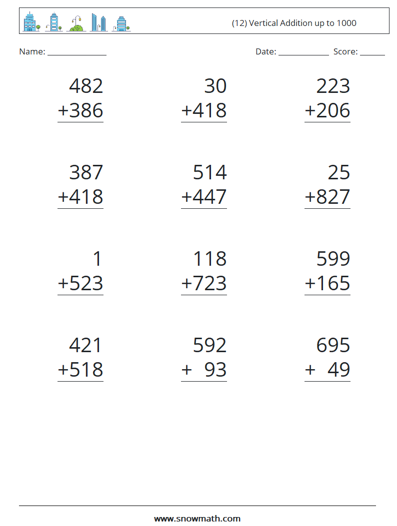 (12) Vertical Addition up to 1000 Math Worksheets 17