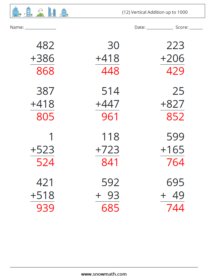 (12) Vertical Addition up to 1000 Math Worksheets 17 Question, Answer