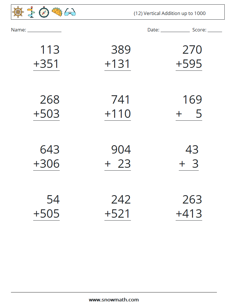 (12) Vertical Addition up to 1000 Math Worksheets 18