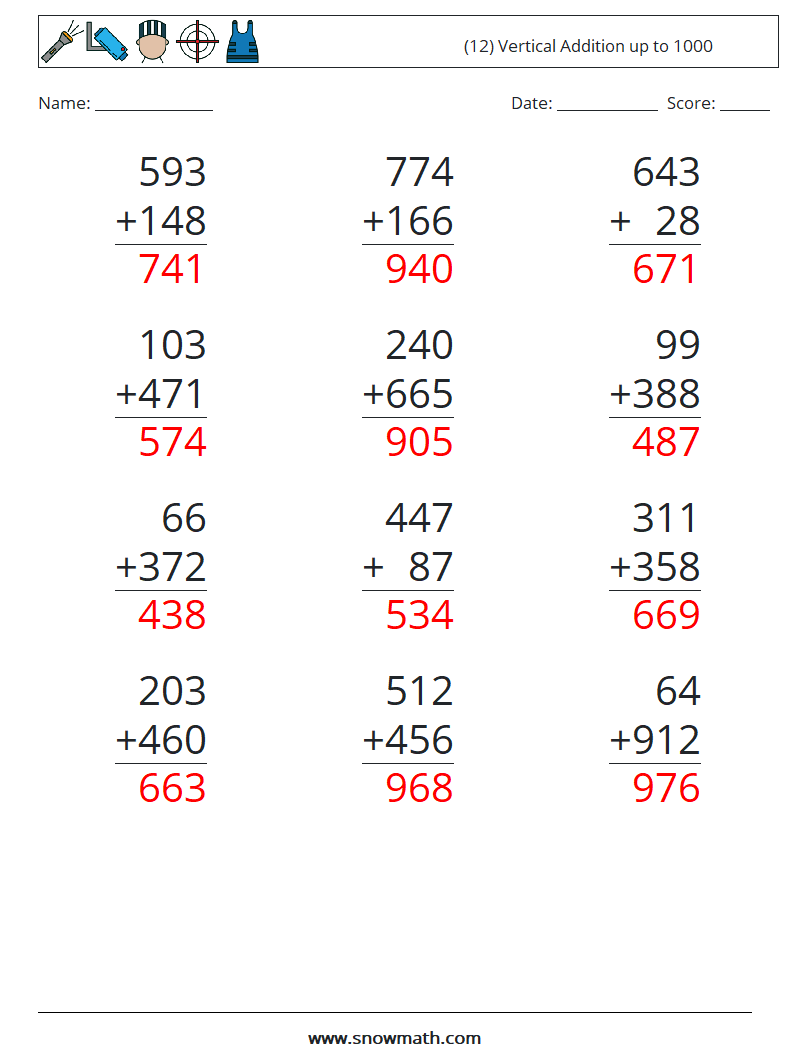 (12) Vertical Addition up to 1000 Math Worksheets 1 Question, Answer