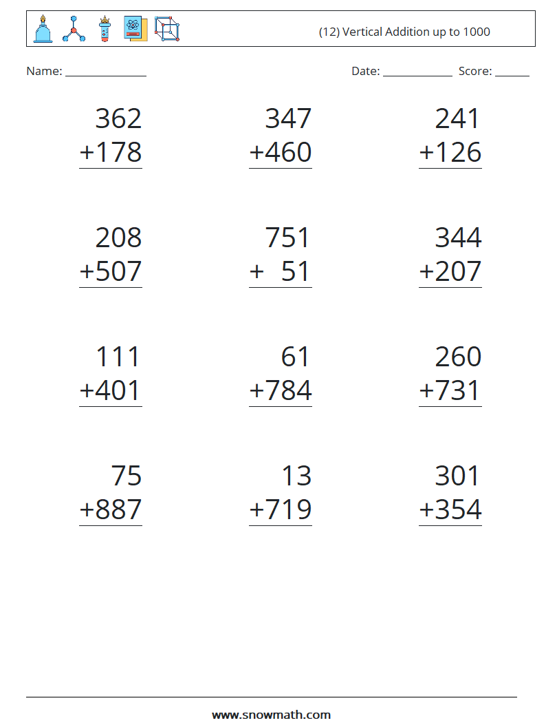 (12) Vertical Addition up to 1000 Math Worksheets 2