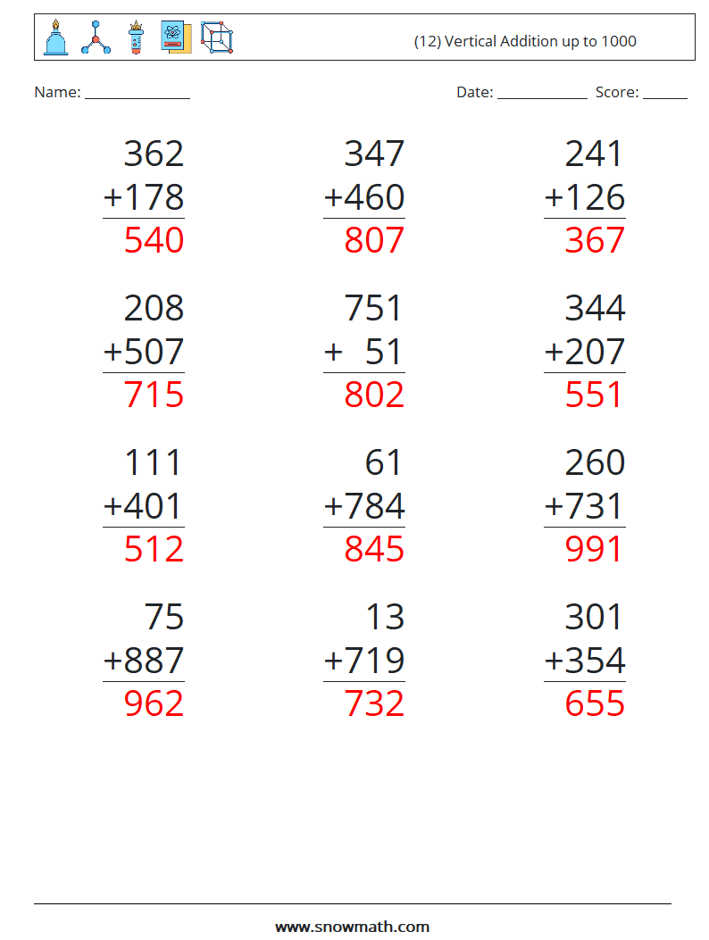 (12) Vertical Addition up to 1000 Math Worksheets 2 Question, Answer