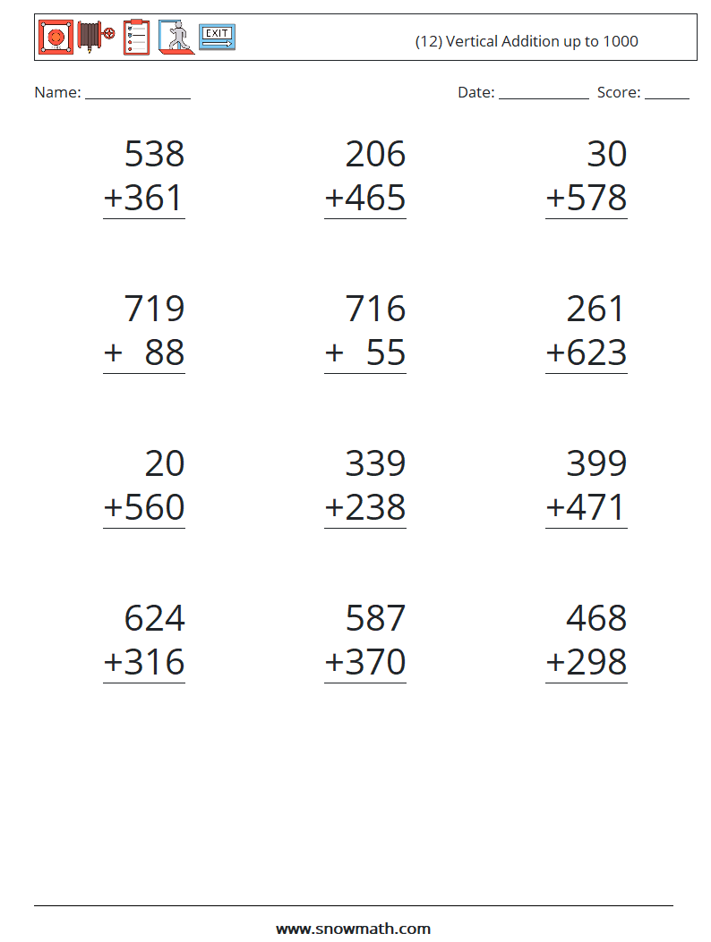 (12) Vertical Addition up to 1000 Math Worksheets 3