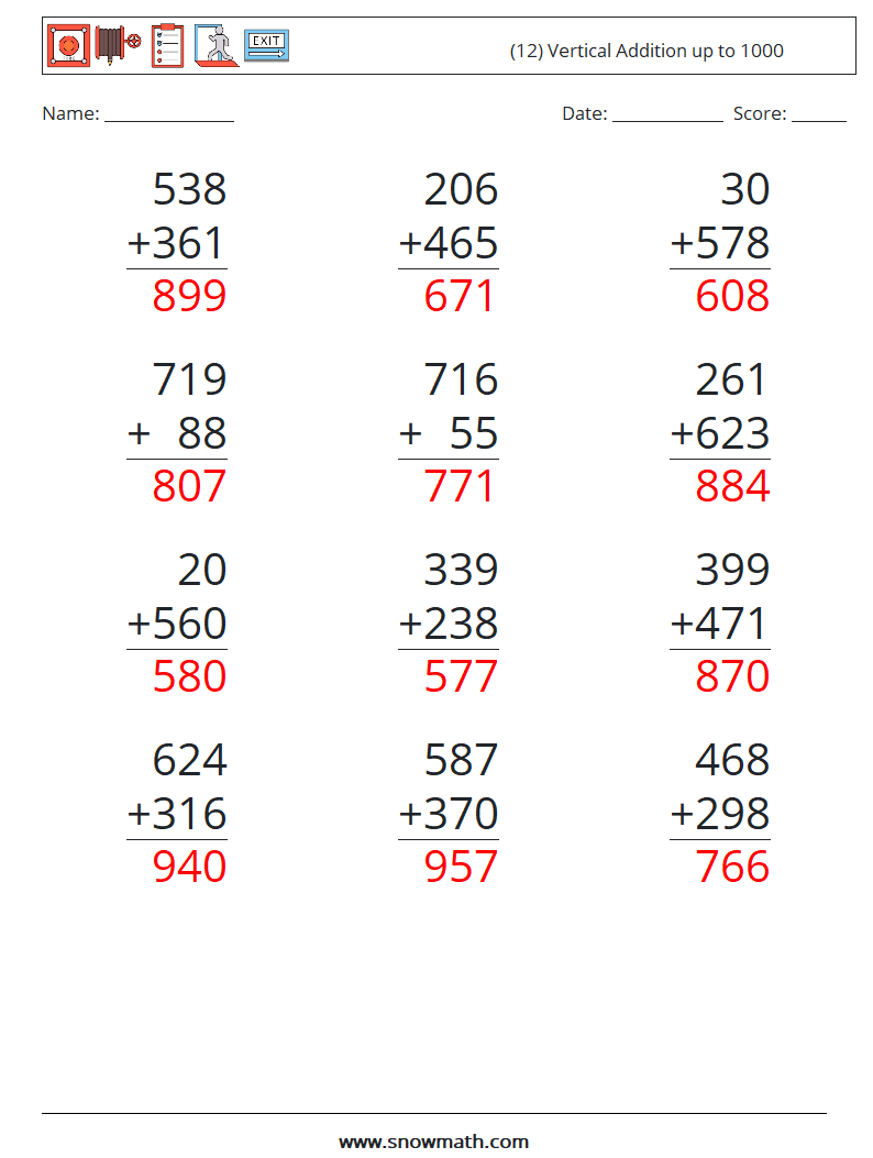 (12) Vertical Addition up to 1000 Math Worksheets 3 Question, Answer