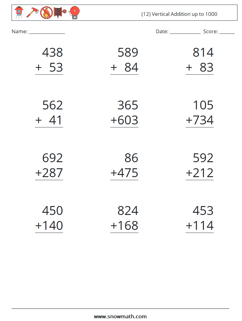 (12) Vertical Addition up to 1000 Math Worksheets 4