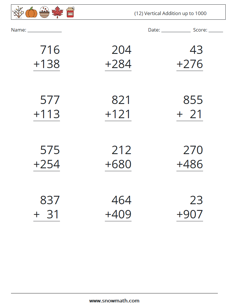 (12) Vertical Addition up to 1000 Math Worksheets 5