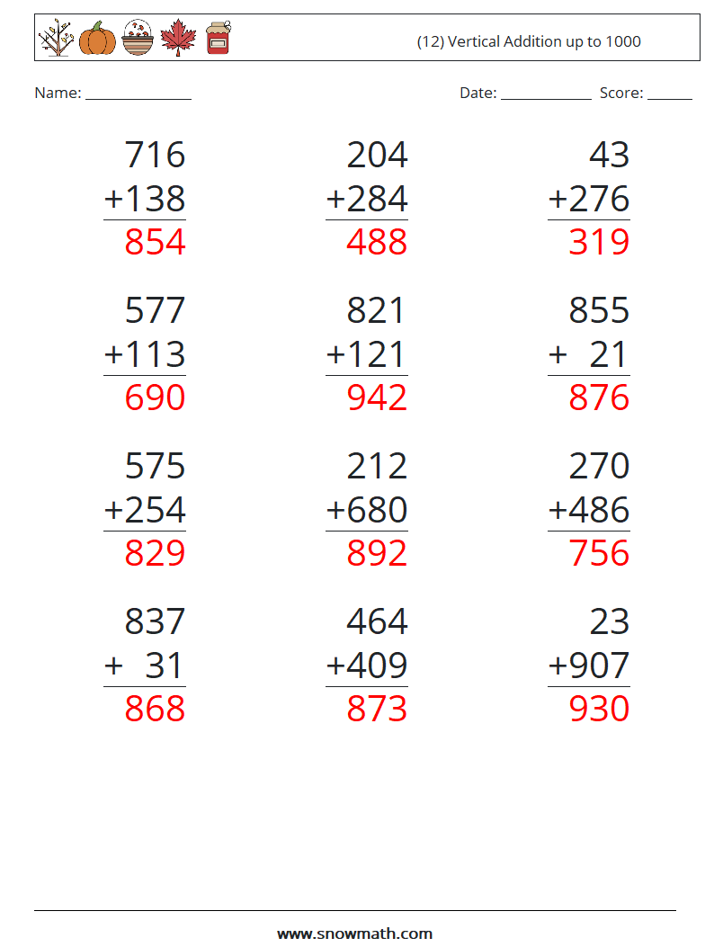 (12) Vertical Addition up to 1000 Math Worksheets 5 Question, Answer