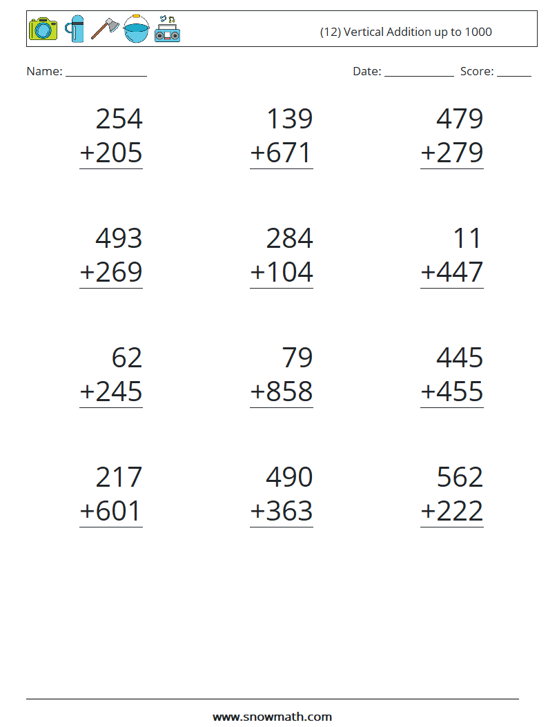 (12) Vertical Addition up to 1000 Maths Worksheets 6