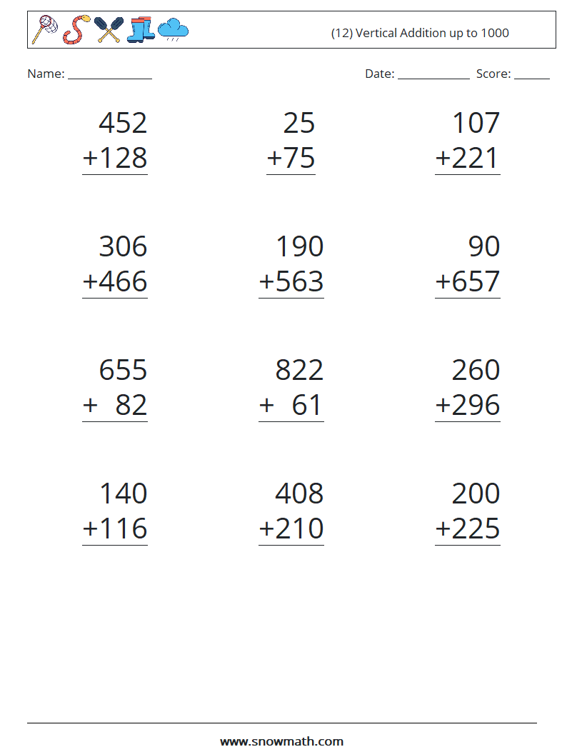 (12) Vertical Addition up to 1000 Math Worksheets 7